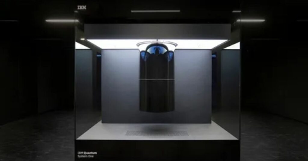IBM Quantum System One showcasing advanced quantum computing hardware and futuristic data processing technology.