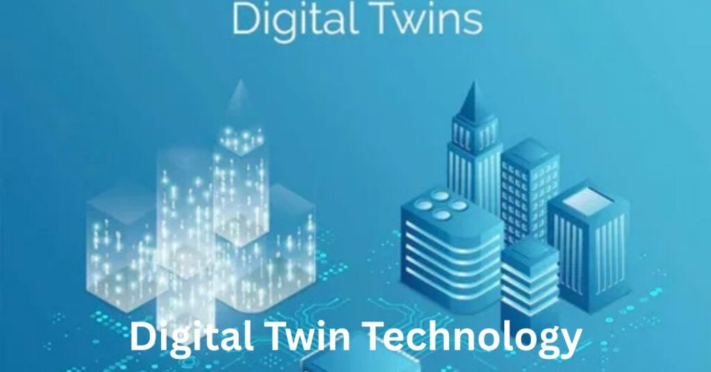 Illustration of digital twin technology showing a virtual replica of a physical machine connected through IoT sensors, cloud computing, and real-time data analytics.