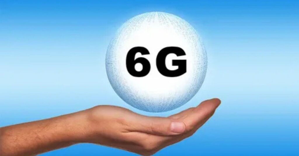 Illustration of 6G technology concept showing high-speed terahertz waves, satellite connectivity, and AI-powered smart devices for future communication networks.