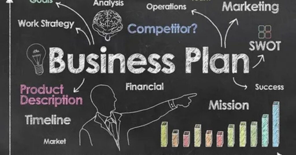 Business professional writing a free business plan template with charts, laptop, and documents on desk