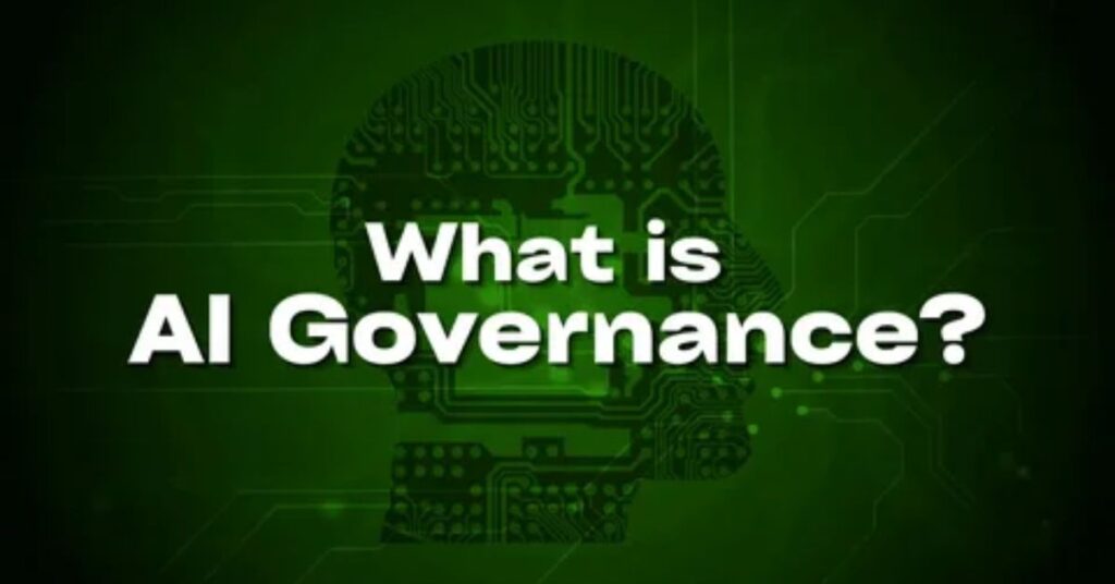 Illustration showing the concept of AI governance, including ethical AI, transparency, and accountability in business operations.